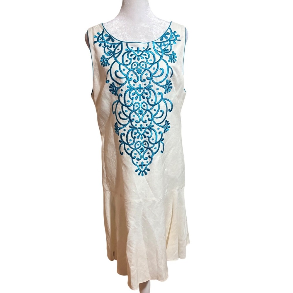 Jessica Howard Shift Dress 14 Ivory/White Blue Excellent Embroidered Linen Blend
